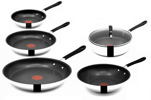 Tefal Jamie Oliver Pfannen-Set Induktion 9 tlg, Schmorpfanne 25cm mit Deckel, Wok mit Deckel 28cm, Pfanne 28cm, 24cm, 20cm, KOMPLETTSET-, Wokpfanne, E34