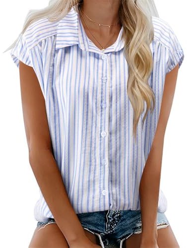 EFFAN Womens Blouse Cotton Shirts Cap Sleeve Blouses V Neck Summer Buttom Down Shirts Ladies Loose Fit Office Work Blouse Tops UK, Blue and White Stripes, L