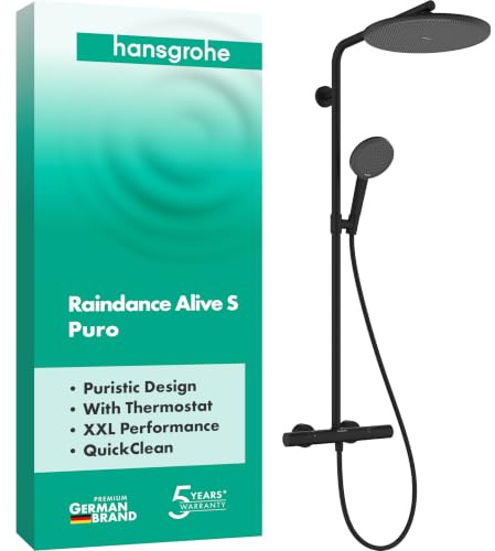 hansgrohe Raindance Alive S Puro - Duschsystem med termostat, Regndusch (300 mm), Duschset med handdusch (3 stråltyper), duschslang, duschstång och rund huvuddusch, matt svart, 24592670