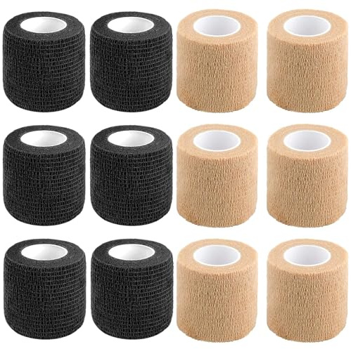 RICKUNCL 12 Self Adhesive Bandage 5cm x 4.5m, Cohesive Bandages Wrap, Sports Bandage Ideal for Sports Injuries & Recovery, First Aid Medical and Vet Wrap, Grip Tape (6 Rolls Black + 6 Rolls Beige)