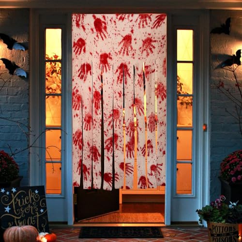 BTONGE 2 Stück Halloween Deko mit Blutigen Gruselige Handabdrücken, 165x100cm Halloween Türvorhang, Horror Deko für tür Haustür, Outdoor Innen Dekoration für Haunted House und Ghosts Grusel Party