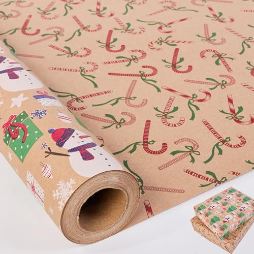 HBell Rotolo di carta regalo natalizia, 43 cm x 10 m, carta da regalo double-face, reversibile, per decorazioni natalizie, feste, fai da te (pupazzo di neve)
