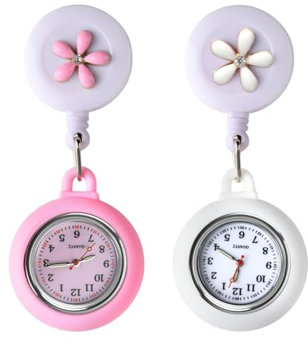 Vakler 2-Pack Retractable Nurse Watch, Luminous Clip-On Nurse Fob Watch | 60cm Pull Cord Silicone Case Pocket Watch Cute Flower Pattern Easy-Clean Removable Dial for Nurses Doctors Paramedics