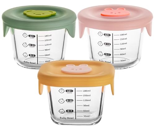 Contenants de stockage d'aliments pour bébés 3pcs Conteneurs d'aliments pour bébés 230 ml Round et pots en verre non toxiques carrés avec couvercle et échelle de silicone -20-400 ℃ Rangement micro-on