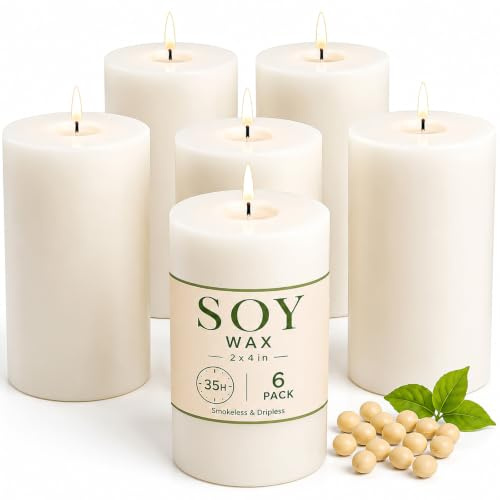 6 Pack White Soy Pillar Candles, 210 Hours Handmade Unscented Pillar Candles Natural Soybean Candle for Home, Wedding, Smokeless & Dripless, Party, Spas, Dinner-2x4in