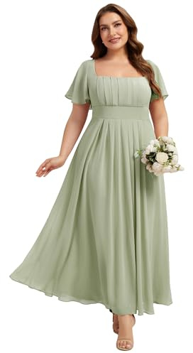 Ever-Pretty Plus Women's Spring Square Neck Plus Size Bridesmaid Dresses Ruched Tie Back Chiffon Formal Wedding Guest Dress Mint Green US16