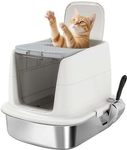 PawHut Arenero para Gatos de Acero Inoxidable L, Caja de Arena para Gatos con Tapa Abatible, Pala Metálica, Bolsa Desodorizante, Fácil de Limpiar, Antifugas, Blanco
