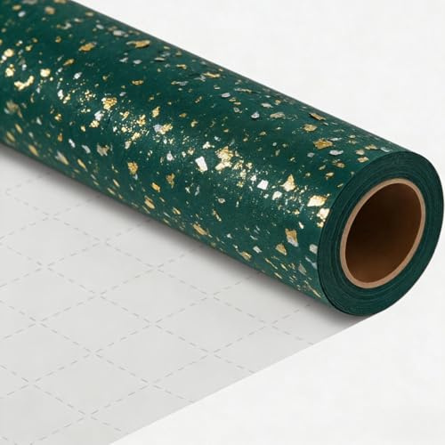 Komforbaa Rotolo di carta da regalo verde, 43 cm x 10 m, con design in lamina d'oro e argento, per feste, vacanze