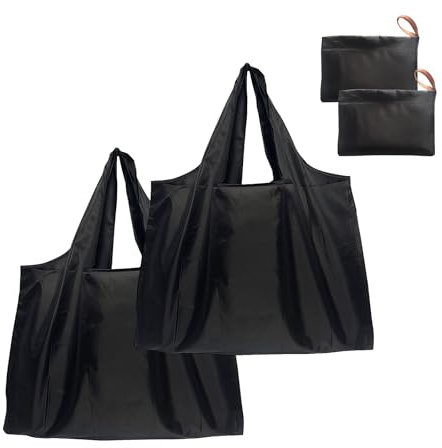 2PCS Foldable Shopping Bags Reusable Grocery Totes Extra Large Heavy Duty Oxford Cloth Holds 20kg Water Resistant With Attached Pouch For Adults Men Women Pure Black Colour Supermarket Retail Trav