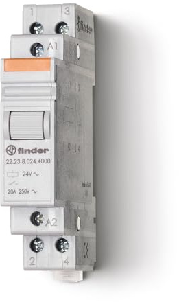 Finder Relè Monostabile Modulare 20 A. Dotato di interruttore bipolare 1 NO + 1 NC. Corrente nominale 20A.Tensione nominale/ Max tensione commutabile 250/400 V AC. Per montaggio su barra 35 mm