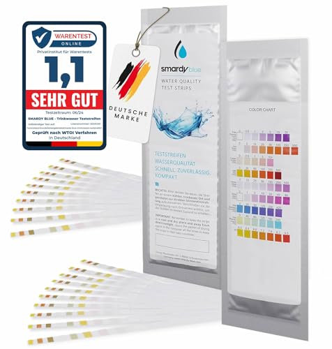 smardy 20x Tiras reactivas de agua potable 9en1 test | Cloro libre, pH, alcalinidad, nitrato, nitrito, medir dureza total | Tiras prueba para acuario, piscina | Análisis del agua