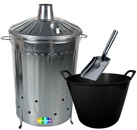 CrazyGadget® 125 Litre 125L Extra Large Galvanised Metal Incinerator Fire Burning Bin with Locking Lid, Ash Shovel & 42L Litre Plastic Flexi Tub (Black)