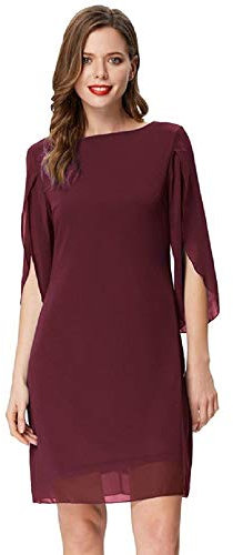 Damen Sommer Chiffon Kleid 3/4 Ärmel Loose Fit Elegant Midi Abendkleid XL Wein CL11125-1
