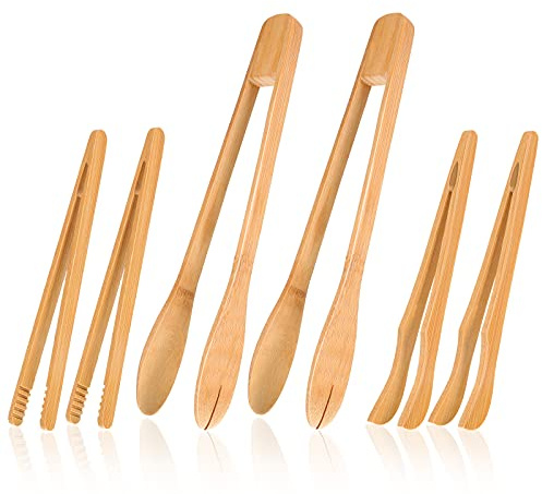 Zopeal 6 Pcs Bamboo Utensils for Cooking Wooden Toaster Tongs Long Cooking Salad Tongs for Picking up Cheese Bacon Toast Cake Fruits Bread Spaghetti for Kitchen Women Men