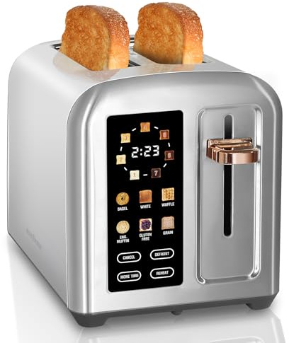 SEEDEEM Toaster 2 Slice, Full Touch Control Stainless Toaster, LCD Display, 50% Faster Heating Speed, 6 Bread Type, 7 Shade Setting, 1.5''Wide Slots, Removable Crumb Tray, 1350W, Silver Metallic