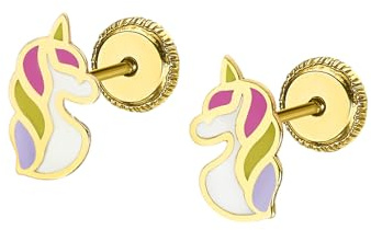 TIME ROAD Boucles d’oreilles Fille en Or 9K LG00186 – Fermoir Sécurisé à Vis – Licorne – Enfant – Idéal Cadeau Communion ou Anniversaire