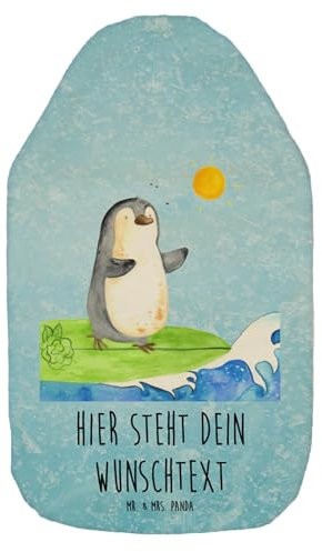 Mr. & Mrs. Panda Personalisierte Wärmflasche Pinguin Surfer - Personalisierte Geschenke, Pinguine, Personalisiertes Wärmekissen, Wärmflaschenbezug