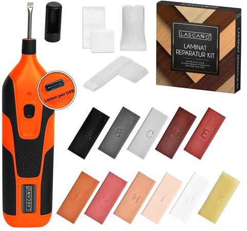 Lascano Laminat Reparaturset, Parkett Reparaturset auch für Holz, Vinylböden und Fliesen | Wachsschmelzer mit USB-Anschluss | Profi Holzkitt mit 11 Hartwachs Stangen
