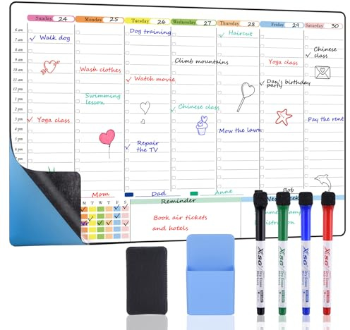 POPRUN Weekly Dry Erase Calendar for Wall & Glass & Wooden, Non-Magnetic Planning Board with Time Slots, Self-Adhesive Wall Schedule Board for Home and Office, 23.6 × 15.7