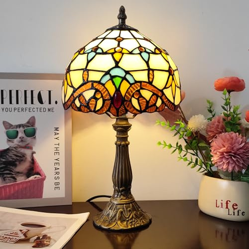 XPHMXP Small Tiffany Table Lamp 8 Inch Tiffany Style Desk Lamp Stained Glass Antique Light Decoration Bedroom Bedside Lamp Retro Reading Lamps (Beige Baroque Style)