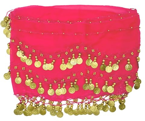 PAITOK Sciarpa da danza del ventre, cintura da danza del ventre per donne con 128 monete d’oro, sciarpa da ballerina, costumi, gonna da ballo avvolgente per ragazze (Rosso rosa)