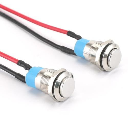 Powice 2x 12mm Wasserdicht Schalter,Druckschalter,Selbstsichernder Edelstahl Taster Schalter 12V /230V Geeignet für Hupen, Autoklingeln, Autos usw Mit 20cm Anschlusskabel (überstehend)