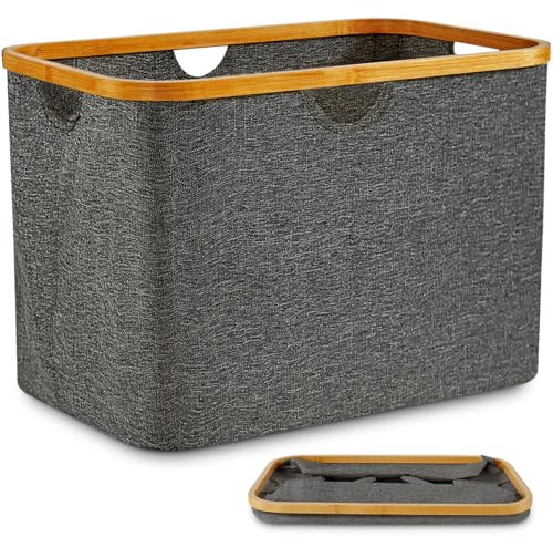 DOKRVLOQ Collapsible Laundry Washing Baskets Light Grey Bamboo Cloth Fabric 68L Large Foldable Wash Clothes Storage Ironing Basket Folding Space Saving Laundry Hamper