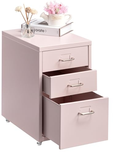 HollyHOME 3-Drawer Mobile File Cabinet Office Filing Cabinets Under Desk | Rolling Filing Organizer Metal Storage Cabinet with Casters for Home and Office，Light Pink