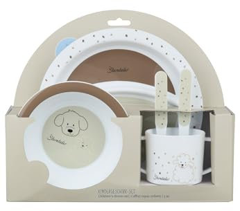 Sterntaler Geschirrset Bauernhof - Baby und Kinder Geschirr mit rutschfestem Sockel an Teller, Tasse und Becher - robustes Baby und Kindergeschirr aus lebensmittelechten Material, beige