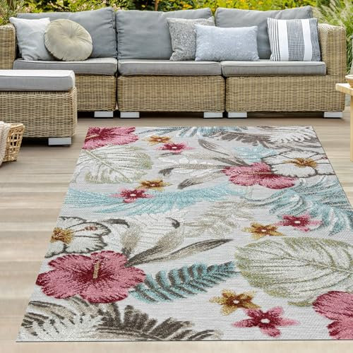 Teppich-Traum In-und Outdoor Teppich Terrasse Esszimmer wetterbeständig pflegeleicht floral Hoch Tief Optik bunt türkis 140 x 200 cm