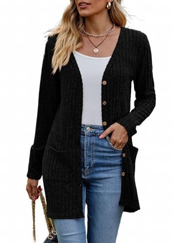 MSIYOW Cardigan Donna Lungo Manica Lunga Giacca in Maglia Elegante Autunno Inverno Maglione con Bottoni (2XL, Nero)