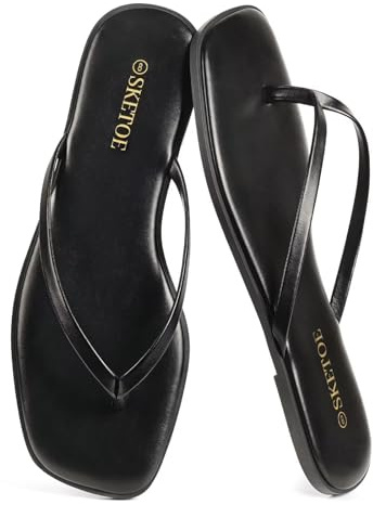 SKETOE Flip Flops for Women Square Toe Flat Sandals for Women Comfortable Thong Sandals Leather Flip Flops Lightweight Summer Beach Sandals Dressy Vacation Essentials Slides, Black