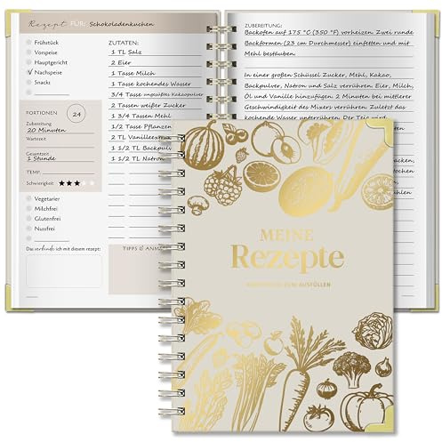 BIROYAL Livre de recettes à écrire soi-même A5, reliure spirale, livre de cuisine à écrire soi-même, livre de recettes pour 100 recettes préférées, livre de cuisine à écrire soi-même, livre de