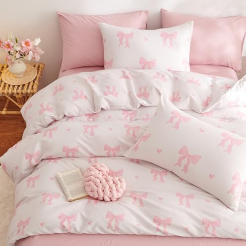 Tospass Housse de Couette 220x240cm Beige Rose Noeud Papillon Parure de Lit 2 Personne Fille Adultes avec Fermeture Éclair Housse Couette en Microfibre avec 2 Taie d'oreiller 65x65cm