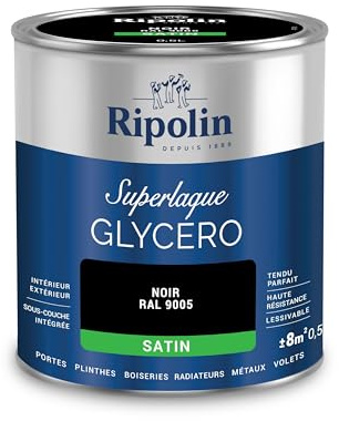 RIPOLIN - Peinture Laque Glycéro Intérieure/Extérieure - Boiseries et Structures Métalliques - Résistance Accrue - Durabilité Remarquable - Noir Ral 9005 - Satin - 0,5L