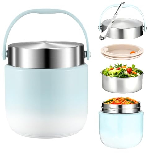 CEWROM Thermobehälter für Essen 1200ML, Thermoschüssel mit Deckel, Warmhaltebehälter aus Edelstahl mit Löffel, Thermoskanne Essen Auslaufsicher Suppen Lunch Thermobecher für Babybrei,Porridge (Blau)