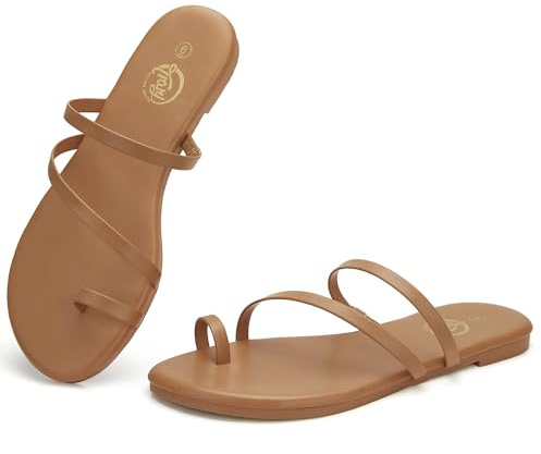Trary Brown Flat Sandals, Miami Toe Loop Strappy Sandals, Dressy Summer Flip Flops Strappy Dressy Summer Slides for Beach Travel Size 9