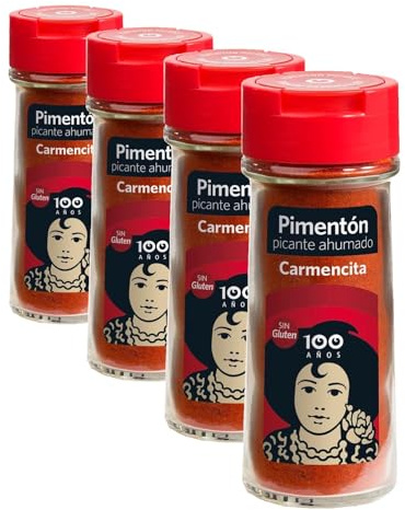 Carmencita Pimentón Picante Ahumado, Sin Gluten, Tarro de Cristal con Dosificador 47 g (Paquete de 4)