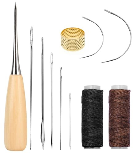 Juego de 11 agujas de cuero para costura, agujas de coser con hilo de cera, punzón de costura, dedal, herramienta de mano de cuero, juego de agujas para manualidades, reparación de alfombras y