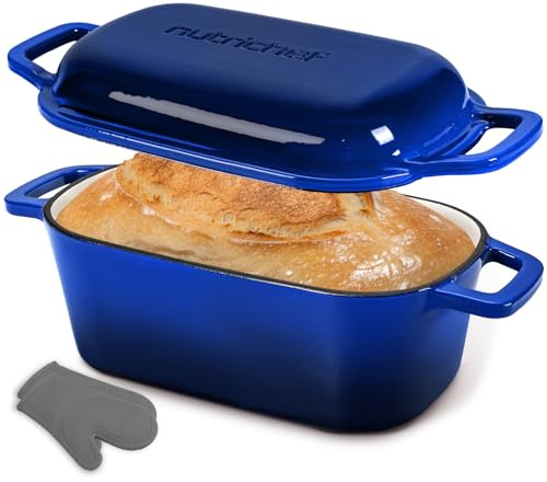 NutriChef Teglia per Pane in Cassetta 25 cm in Ghisa Smaltata con Coperchio e Guanti in Silicone, Stampo Pane in Cassetta Resistente al Forno 260 °C, per Cosce di Pollo, Spezzatino di Manzo, Lasagna