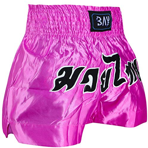 BAY REMY PINK S mit traditioneller Thaischrift, Thaiboxhose, Thaiboxshort, Hose Short Thaiboxen Muay Thai, Satin, pink, rosa, schwarz, Größe S