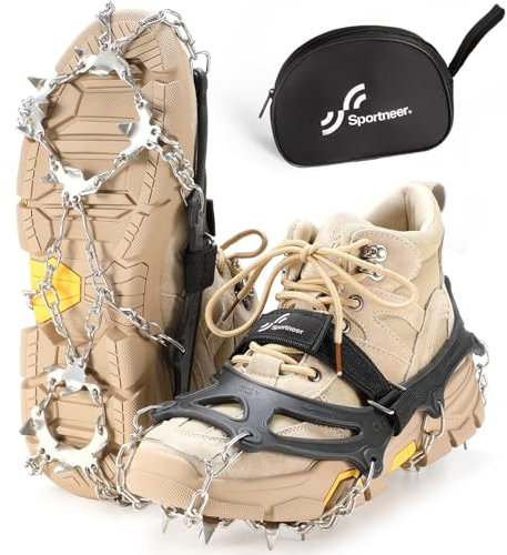 Sportneer Steigeisen Eisstollen Traktion, 19 Spikes Edelstahl Anti-Rutsch EIS Schnee Grips für Schuhe Stiefel, Sicherer Schutz für Gehen, Joggen, Klettern, Angeln, Bergsteigen, Wandern, Schwarz, XL