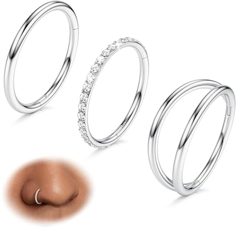 BodyBonita 18G Nose Rings Hoops - 3pcs Double Hoop Nose Ring Hinged CZ Septum Clicker Lip Rings Cartilage Earring Helix Rook 8mm