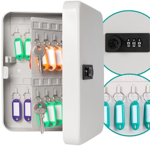 Hovea - Cassetta Portachiavi da Parete con Codice - 48 Gancetti - Armadietto Chiavi Sicuro - Per chiavi di Casa e Auto - Con 48 Portachiavi in Colori - Metallo - Grigio chiaro - BKY480