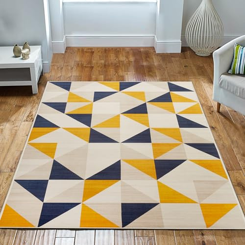 Imperial Rooms Rugs for Bedroom - Area Rugs Living Room Large 200x290 Cm Modern Floor Carpet yellow Triangle Pattern Super Soft Geometric Extra Large Rug Easy Care (Brio)