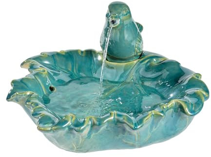 Brunnen Gartenbrunnen mit Vogel aus Keramik für Außen Zierbrunnen Vogeltränke Wasserspiel H: 21cm grün