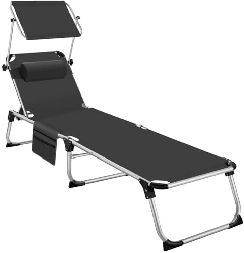 tectake® Chaise Longue Pliante Bain de Soleil Jardin Exterieur avec Pare Soleil, Cadre en Aluminium, Chaise Longue inclinable Transat de Plage Relax Jardin Camping Salon de Jardin Exterieur