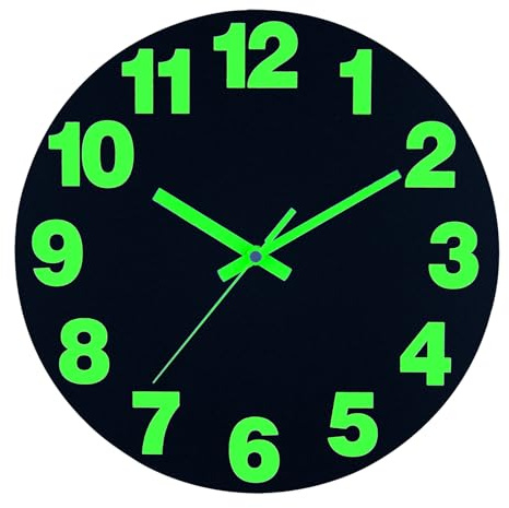 Plumeet Horloge Murale Veilleuse, 30cm en Bois Qui Brille dans Le Noir pour Chambre à Coucher, Horloge Murale Silencieuse, Chiffres et Aiguilles Lumineux, Noir