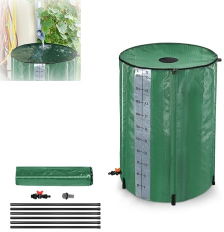 MAYTIIMO Faltbare Regentonne 200 Liter mit Skala, Regenwassertonne mit Wassereinlassgitter Abflussventil Regenwassertank PVC zum Sammeln von Regenwasser Gartenbewässerung, Grün