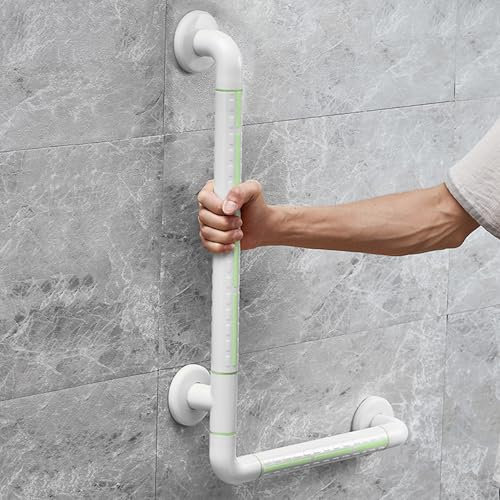 ITSOGOO Rutschfester Haltegriff Aus Edelstahl für Senioren,L-Förmiger Fluoreszierender Haltegriff,Wandhaltegriff Wandmontage bis zu 250KG,Für Badewanne Schlafzimmer Treppengeländer, 60x40cm,Weiß